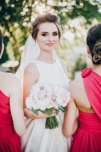 Hermosa novia posando con damas de honor en vestidos de color rosa, sosteniendo — Foto de Stock