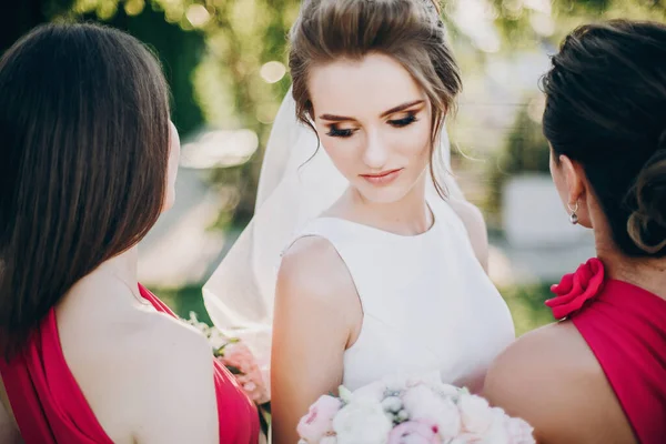 Pengantin cantik berpose dengan pengiring pengantin dalam gaun merah muda, memegang — Stok Foto