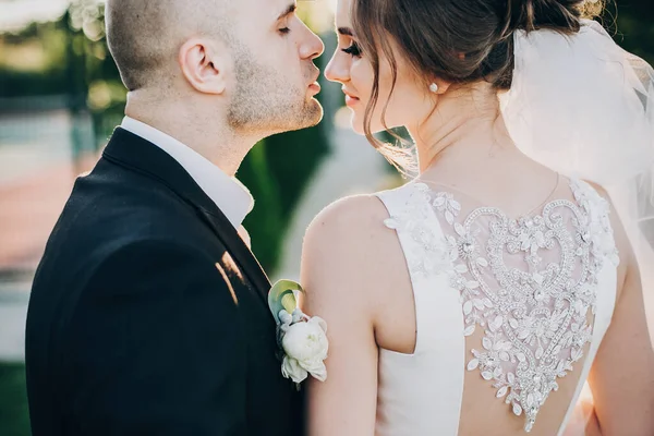 A vőlegény gyengéden megcsókolja a gyönyörű menyasszonyt napnyugtakor. Gyönyörű. — Stock Fotó