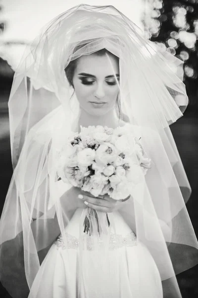 Sensual gambar kreatif pengantin cantik di bawah kerudung memegang — Stok Foto