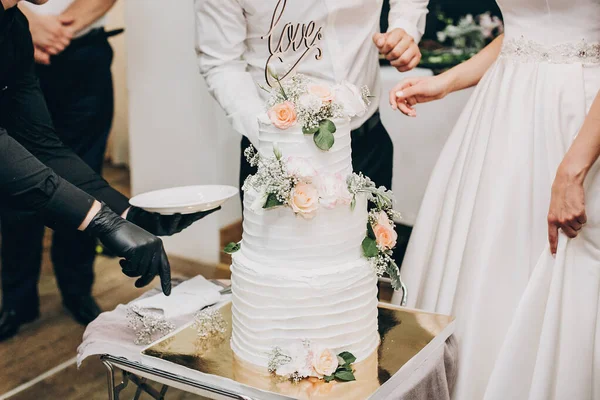 Menyasszony és vőlegény vágás elegáns esküvői torta esküvői recepción — Stock Fotó
