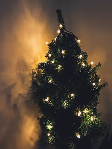 Elegante pequeño árbol de Navidad con luces doradas en habitación oscura. M — Foto de Stock