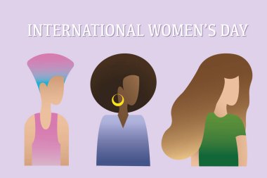 Uluslararası Kadınlar Günü mesajı ve farklı kadınlardan oluşan bir grup. Çeşitli milletler ve kadın çeşitliliği, düz karakterler. Feminizm, çeşitlilik ve 8 yürüyüş. Kadın hakları. El çizimi vektör