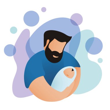 Babası bebeğine sarılıyor ve sarılıyor. Şirin bir baba imajı var. Düz stil modern vektör. Baba yeni doğmuş bebeğini nazikçe kucağına alıyor, ebeveynlik kavramı. Süper Baba Süper Kahraman