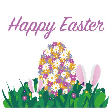 Mutlu Paskalyalar. Bahar çiçeklerinden yapılmış renkli Paskalya yumurtası ve yeşil çimenlikte izole edilmiş tavşan kulaklı mutlu paskalya metinleri. Düz biçimli vektör.