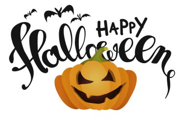 Mutlu Cadılar Bayramı. Korkunç balkabağı, uçan yarasalar ve beyaz arka planda Mutlu Cadılar Bayramı harfleri. Düz stil ve şık metinde modern vektör. Mutlu Cadılar Bayramı posterleri. Tebrik kartı