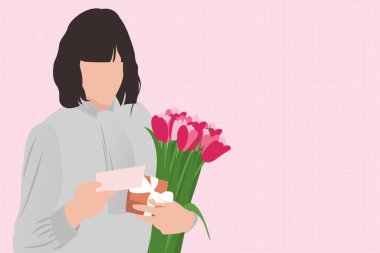 Elinde tebrik kartı, lale ve hediye kutusu olan pembe arka planda fotokopi alanı olan bir kadın. Düz stil modern vektör. Uluslararası Kadınlar Günü 'n kutlu olsun. Anneler Günü