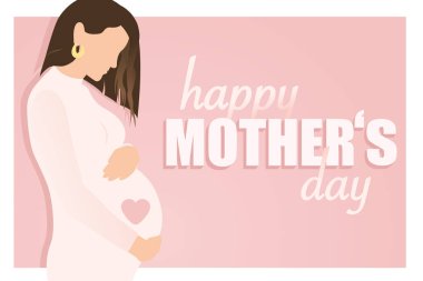 Anneler günün kutlu olsun. Kaliteli hamile bir kadın pembe arka planda bebeğiyle karnına sarılıyor. Düz biçimde modern el çizimi vektörü. Anneler günün kutlu olsun mesajı. Annelik