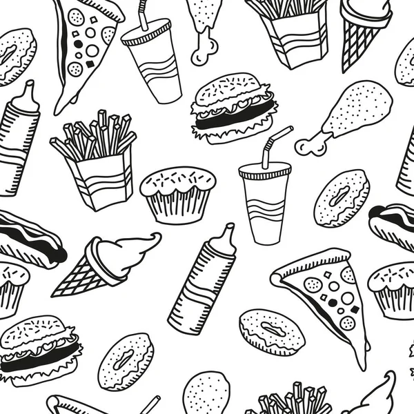 Fast Food Seamless Pattern Burger Pizza Hot Dog French Fries — Stock Vector