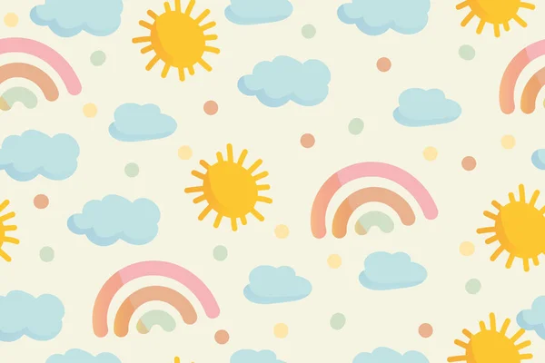 Leuke Regenboog Wolken Zon Stippen Pastelkleuren Naadloos Patroon Moderne Handgetekende — Stockvector