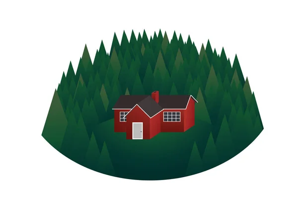 Red Cabin Green Woods Modern Hand Drawn Vector Flat Style — Stock Vector