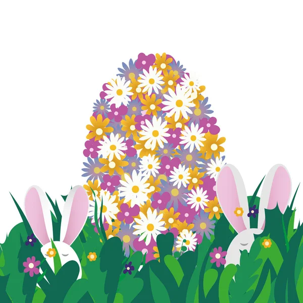 Bahar Çiçeklerinden Yapılmış Renkli Paskalya Yumurtası Yeşil Çimenlikteki Tavşan Kulakları — Stok Vektör