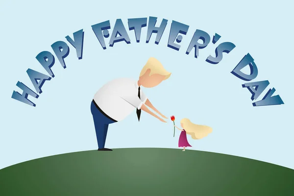 幸せな父の日の挨拶カード 青い背景にお父さんと幸せなお父さんの日のテキストに花を与える小さな娘の女の子 フラットミニマリズムスタイルの現代的なベクトル — ストックベクタ