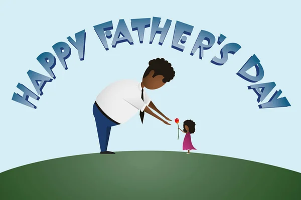 Glücklicher Vatertagstext Und Kleine Afrikanisch Amerikanische Tochter Überreicht Papa Blumen — Stockvektor