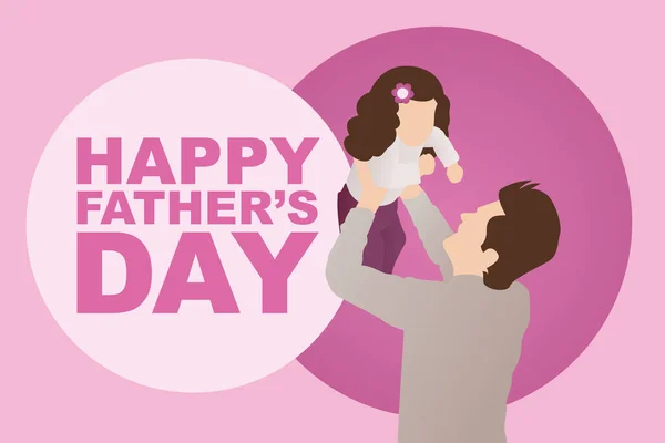 幸せな父の日の挨拶カード 幸せな父親の日のテキストとお父さんはピンクの背景で娘と一緒に遊んでいます フラットスタイルの現代的なベクトル 父と子供が一緒に過ごす時間 — ストックベクタ