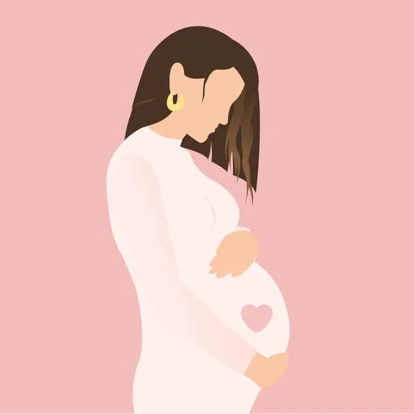 Grossesse Femme Enceinte Élégante Étreignant Son Ventre Avec Cœur Sur — Image vectorielle