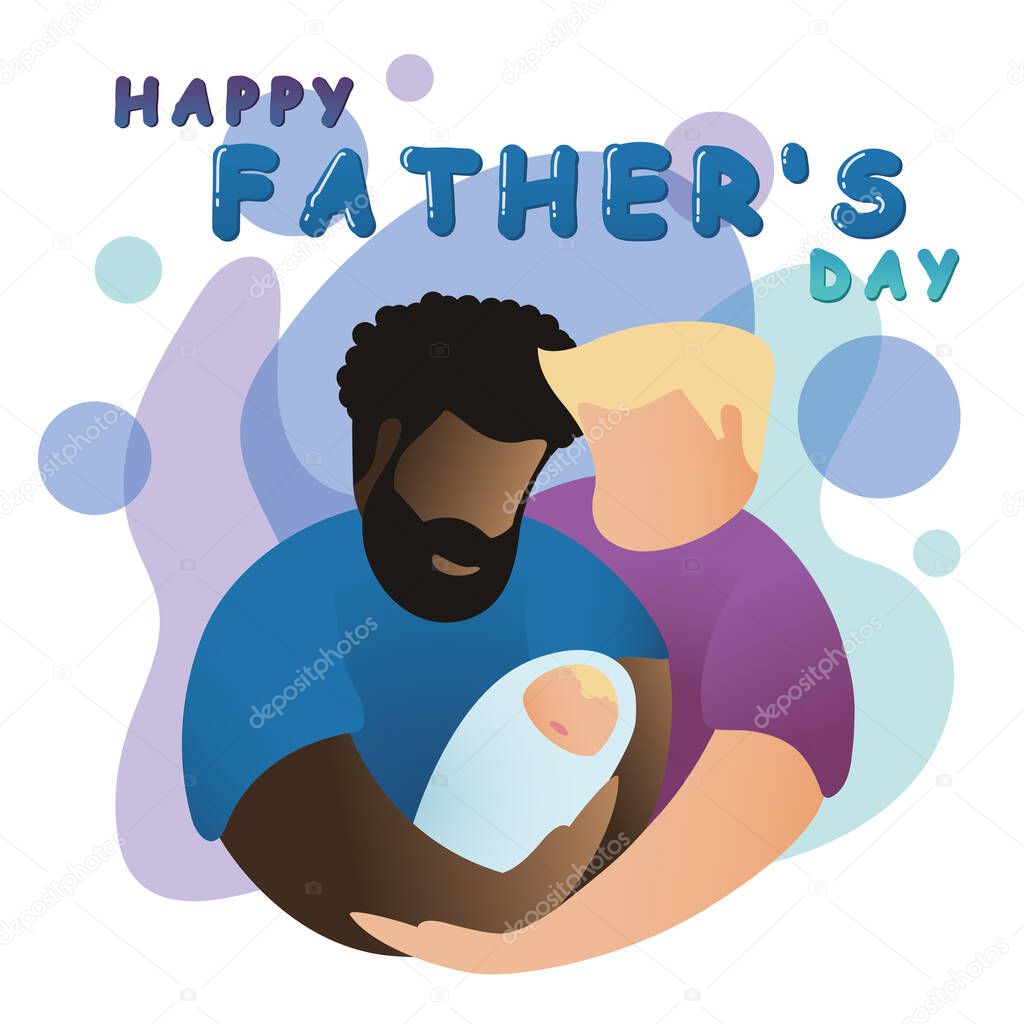 Happy Father's day. Lgbt family hugging their little baby, fatherhood concept.Two fathers with baby and  Happy fathers day text. Homosexual couple. Modern vector in flat minimalistic style