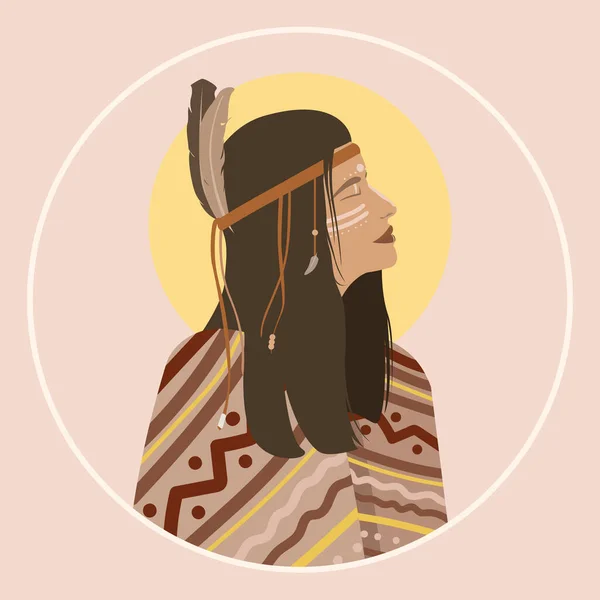 Indigenous Woman Shaman Portrait Feathers Hair Wearing Traditional Poncho Hand — Stock Vector