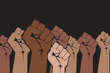 Irkçılığı bırak. Birçok renkli yumruk koyu arka planda protesto yapıyor. Siyahların hayatı önemlidir. Farklı ırklar el ele protesto ediyor, ırklar arası toplum birliği. Düz stil modern vektör. Yeni hareket