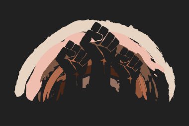 Fist protesting on background of rainbow in skin colors. No racism concept. Different races protest, interracial community unity. Black lives matter. Modern vector in flat style. Pride month clipart