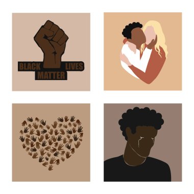 Stop racism set. Black lives matter and protesting fist, two multiracial persons hugging, many hands in hearts shape, african american man crying. Modern vectors in flat style clipart