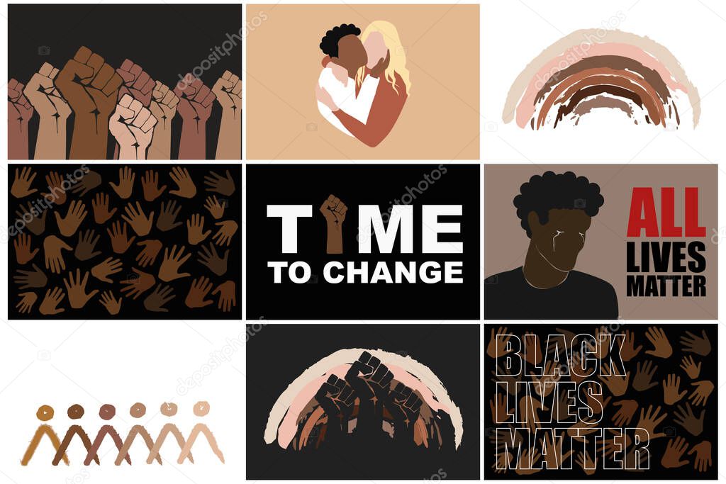 Black lives matter set. Stop racism. Protesting fist, multiracial persons hugging, differents hands, man crying, rainbow and abstract people shape in different races skin colors. Modern vectors