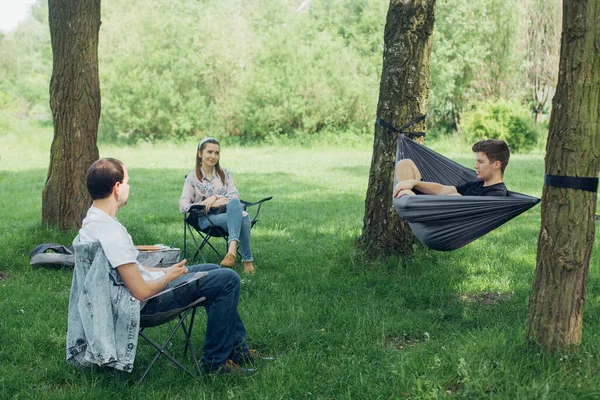 Small Group People Enjoying Conversation Picnic Accordance Social Distancing Summer — Stock Photo, Image