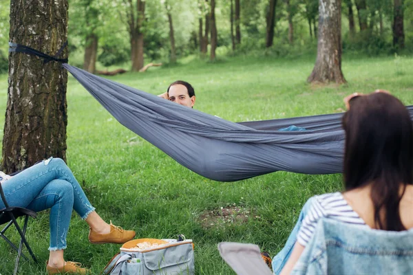 Friends Chilling Hammock Chairs Trees Social Distancing Small Group People — Stock Photo, Image