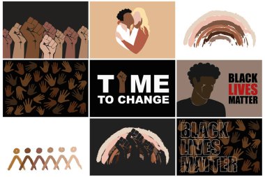 Black lives matter set. Stop racism. Protesting fist, multiracial persons hugging, different hands, man crying, rainbow and abstract people  in different races skin colors. Modern vectors clipart