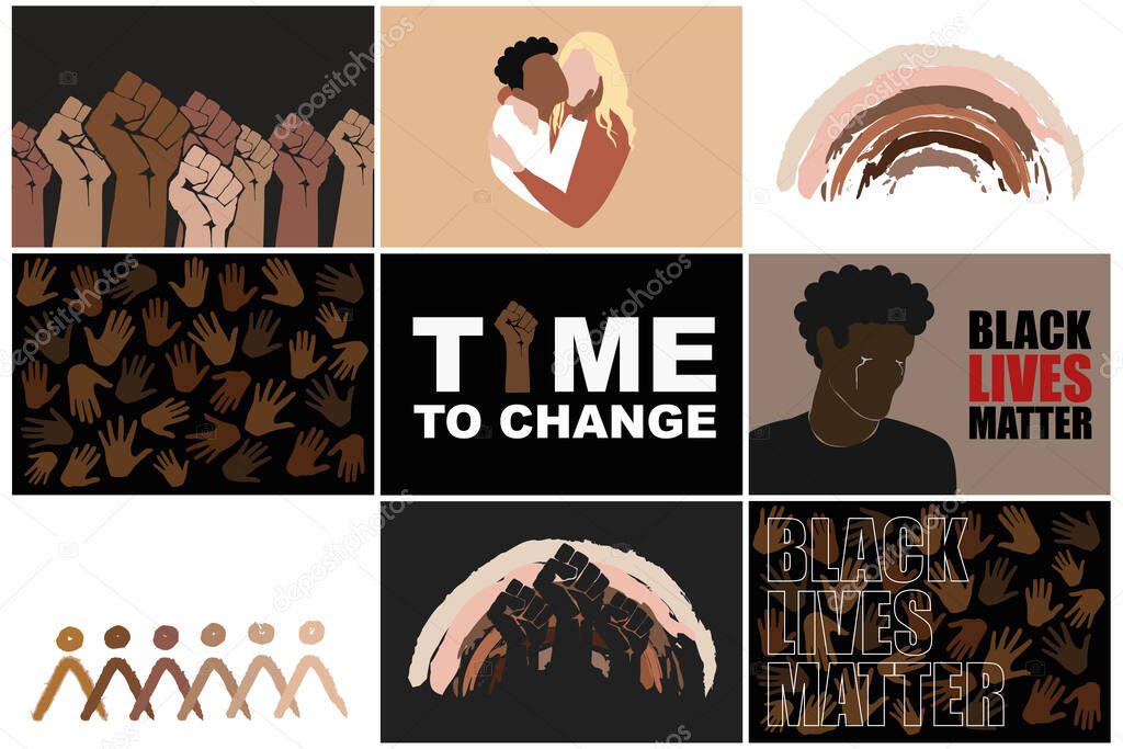 Black lives matter set. Stop racism. Protesting fist, multiracial persons hugging, different hands, man crying, rainbow and abstract people  in different races skin colors. Modern vectors