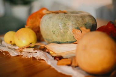 Balkabakları, sonbahar yaprakları, cevizler, kestaneler, mısır, elma ve armut güneşli odada kırsal ahşap masada. Sonbahar mevsimsel hasat. Mutlu Şükran Günleri Sonbahar yiyeceği ve dekorasyonu