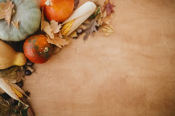 Gelukkige Thanksgiving Flat Lag Pompoenen Herfstbladeren Maïs Walnoten Kastanjes Eikels — Stockfoto