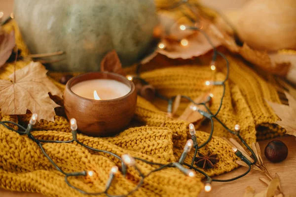 秋天的叶子 温暖的灯光 黄色针织毛衣上的坚果 乡村背景 舒适的情绪形象 感恩节快乐 — 图库照片