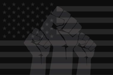 Fist protesting on background of dark usa flag. Stop racism concept. Different hands protest in black american flag. Black lives matter. Modern vector in flat style. Poverty and violence clipart