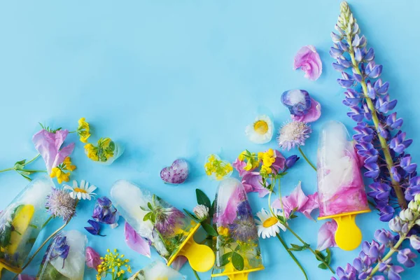Квіткові Льодові Палички Заморожені Паприки Кубики Льоду Різнокольорових Диких Квітів — стокове фото