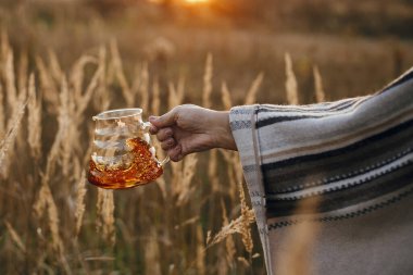 Kırsal alanlarda güneşli ve sıcak bir ışıkta cam şişeden taze sıcak kahve dökülüyor. Kahve sıçraması ve damlalar. Atmosferik sükunet anı. Seyahatte demlenen alternatif kahve.