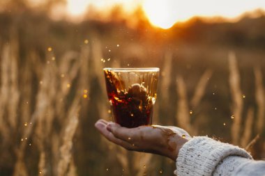 Kırsal kesimlerde güneş ışığı altında cam bardaktan sıcak kahve dökmek. Kahve damlatır ve güneşe düşer. Seyahatte demlenen alternatif kahve. Atmosferik sükunet anı.