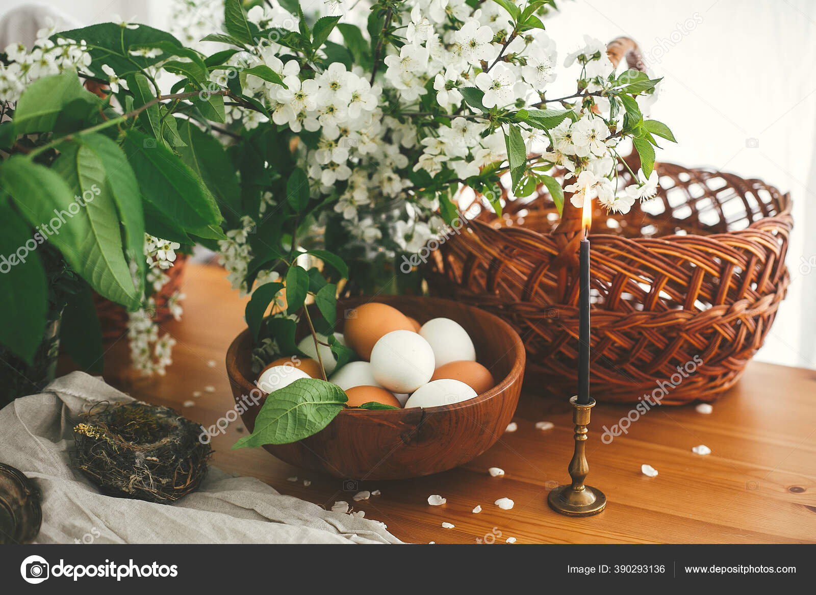 Natural Easter Eggs Vintage Candle Wicker Basket Rustic Table Cherry Stock Photo C Sonyachny 390293136