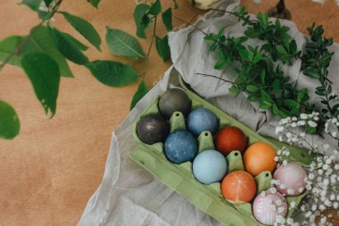 Kırsal masada çiçekli karton tepside doğal boya Paskalya yumurtaları. Modern sarı, pembe, mavi ve gri paskalya yumurtaları organik soğan, pancar, kırmızı lahana, karikatür çayı ile boyanmış. Sıfır kayıp tatil