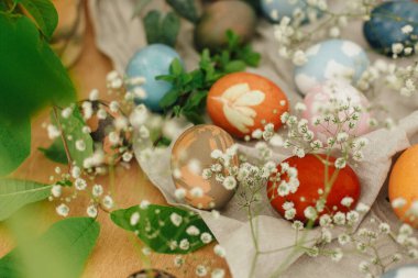 Paskalya yumurtaları ve kırsal arka planda doğal boya ile boyanmış en küçük süslemeler. Ahşap masada bahar çiçekleri ve yeşil dallarla süslü Paskalya yumurtaları. Sıfır kayıp tatil