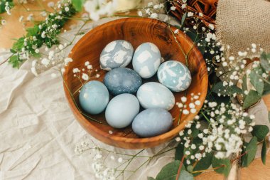 Çağdaş Paskalya yumurtaları tahta kasede, bahar çiçekleri ve okaliptüsler kırsal masada. Kırmızı lahanadan doğal boyayla boyanmış mavi paskalya yumurtaları. Mutlu Paskalyalar. Kırsal yaşam