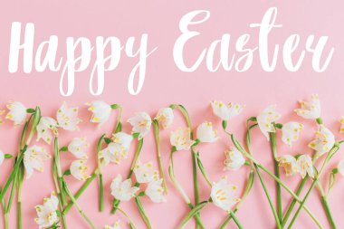 Beyaz bahar çiçekleri üzerine Mutlu Paskalya metinleri Pastel pembe düz uzanıyordu. Zarif Paskalya yaratıcı tebrik kartı. Paskalya selamları. Harfli pankart