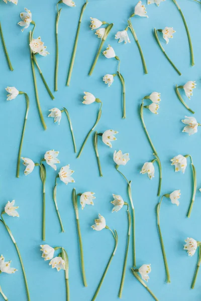 Floral Trendy Pattern White Spring Flowers Blue Flat Lay Hello — Stock Photo, Image