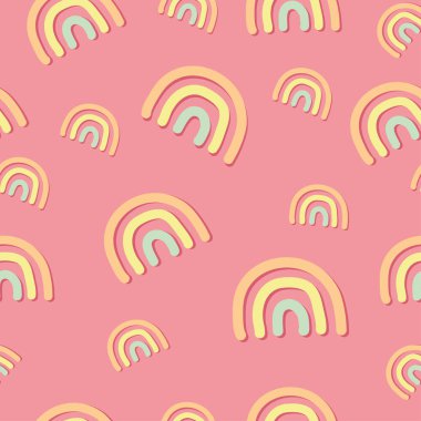 Modern gökkuşağı pürüzsüz desen. Pembe arka planda Pastel çağdaş gökkuşağı şekli. Basit El çizimi. Zarif ambalaj kağıdı. Kız çocuk odası tasarımı