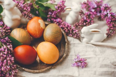 Mutlu Paskalyalar. Kırsal tabakta paskalya yumurtaları, beyaz tavşanlar ve keten kumaşta leylak çiçekleri. Üst Manzara. Doğal boyanmış paskalya yumurtaları ve bahar çiçekleri. Tatil dekorasyonu.