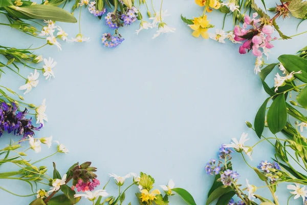 Wildbloemen Kleurrijke Frame Blauwe Papieren Achtergrond Plat Lag Met Ruimte — Stockfoto