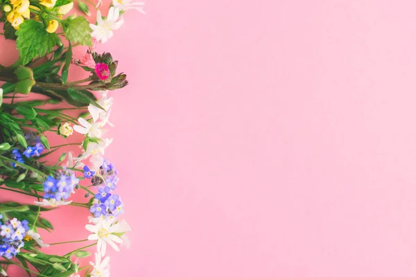 Wildbloemen Kleurrijke Rand Roze Papieren Achtergrond Vlak Lag Met Ruimte — Stockfoto