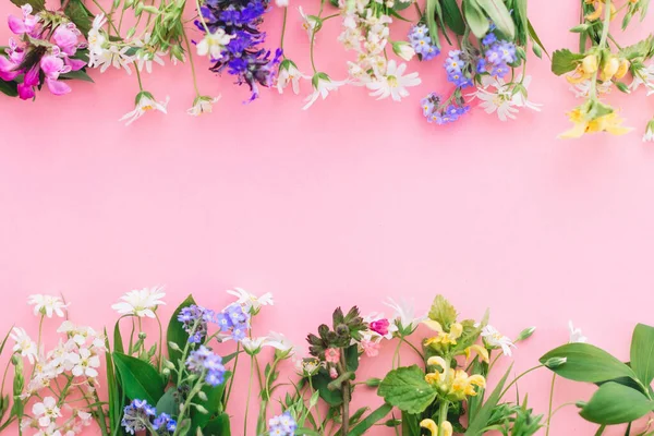 Bloemen Platte Lay Frame Van Lente Wilde Bloemen Roze Papier — Stockfoto