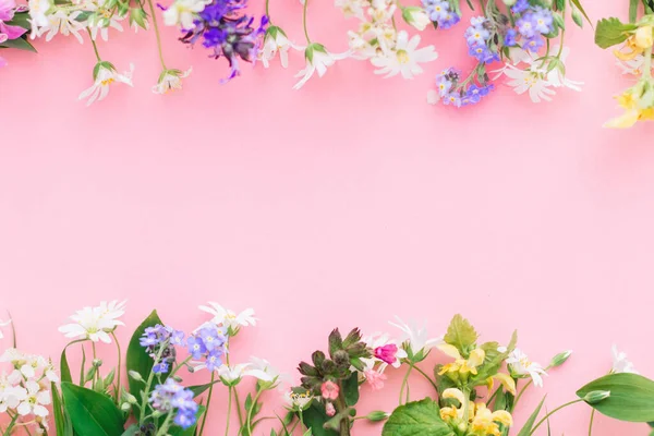 Wildbloemen Kleurrijke Frame Roze Papieren Achtergrond Plat Lag Met Ruimte — Stockfoto