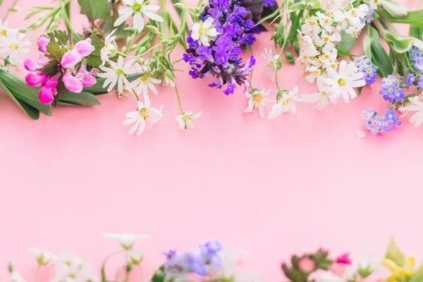 Wildflowers Kleurrijke Frame Roze Papieren Achtergrond Met Ruimte Voor Tekst — Stockfoto